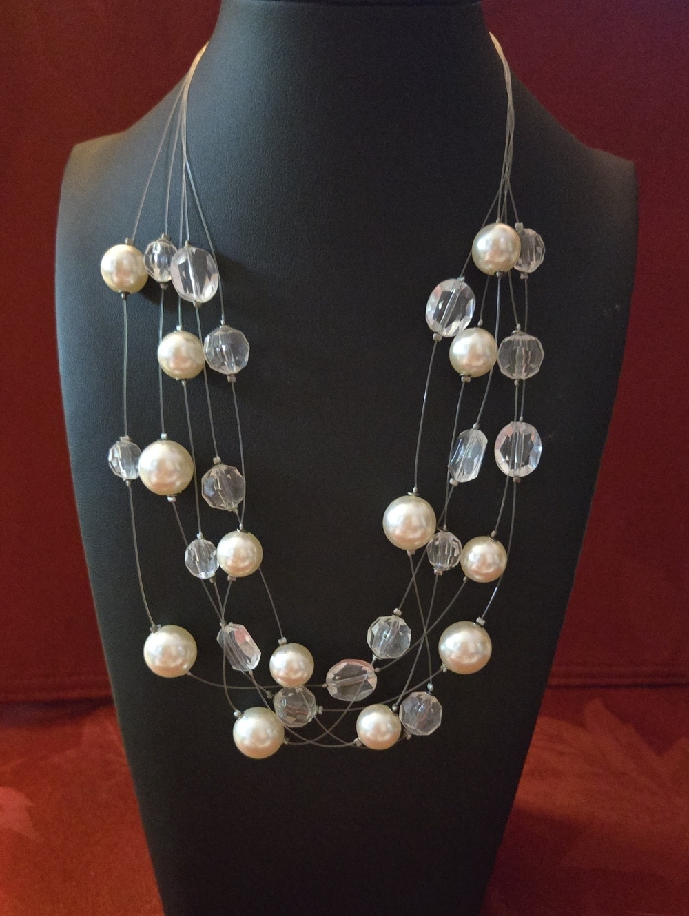Vintage Illusion Necklace With Faux Pearls And Clear Beads